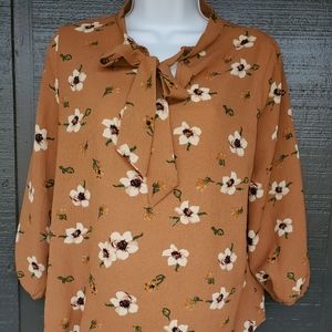 Floral 3/4 sleeve blouse with neck tie